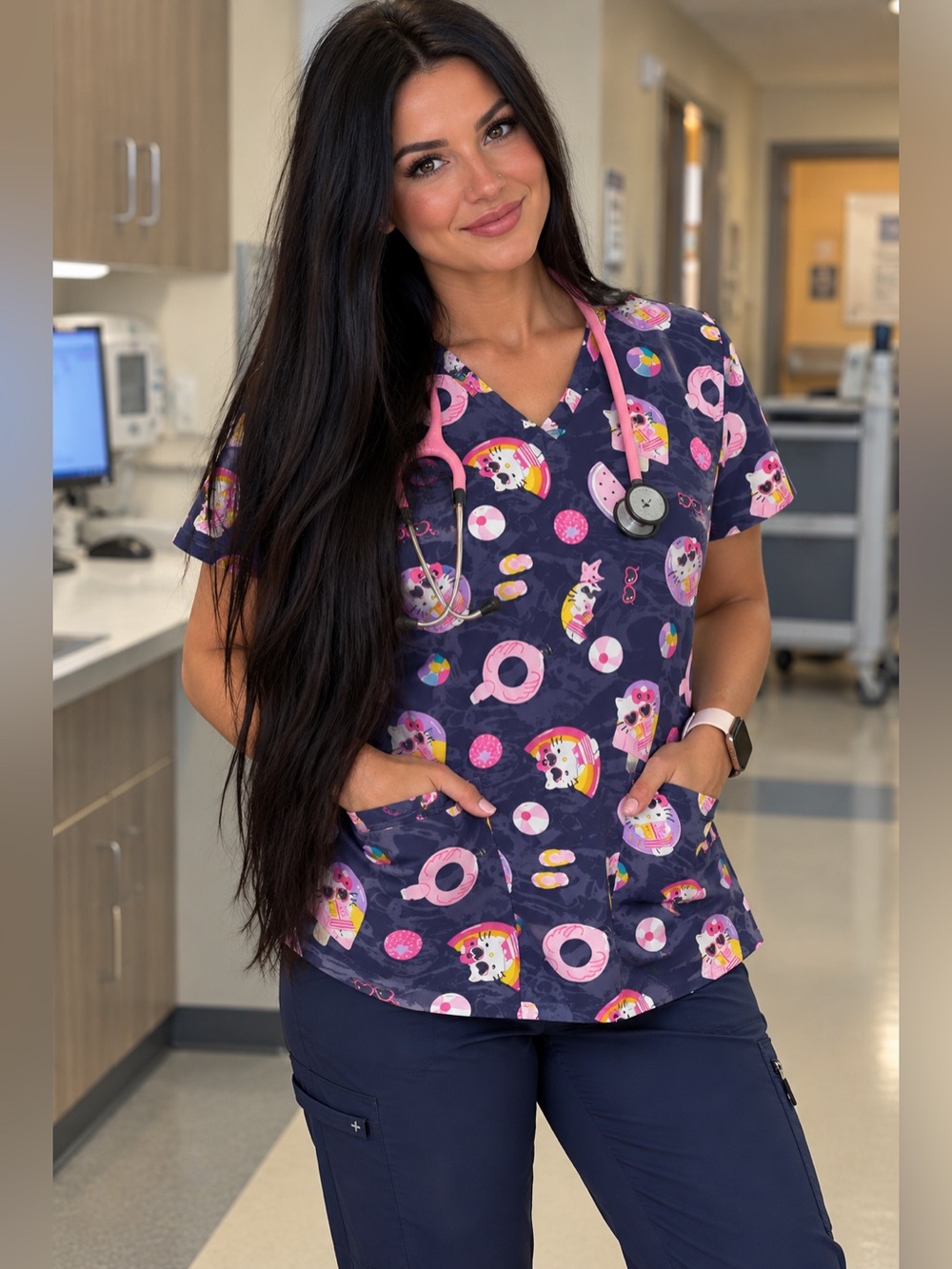 Sanrio Hello Kitty Summer Beach & Sweets Print V-Neck Scrub Top